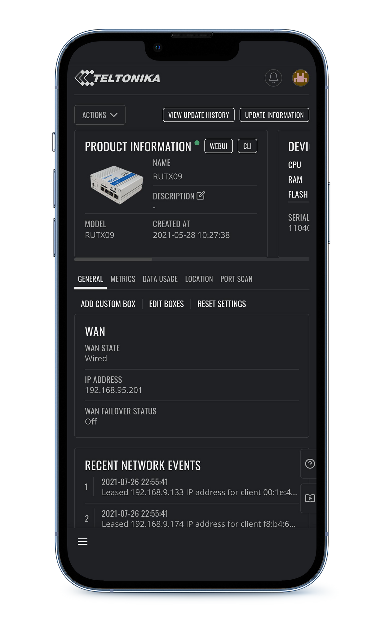 Teltonika RMS Credit – RMS Geräteübersicht mobil auf einem Smartphone