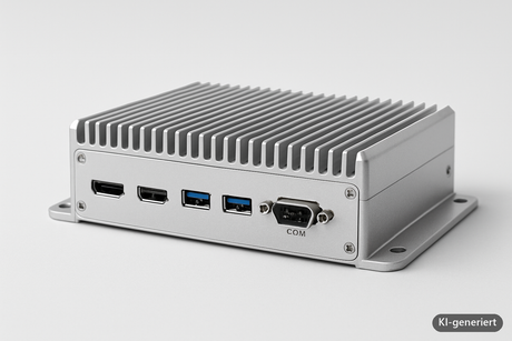 Lüfterloser Box-PC mit Kühlrippen, Frontseite mit zwei HDMI-, zwei USB- und einem seriellen COM-Anschluss (KI-generiertes Symbolbild)