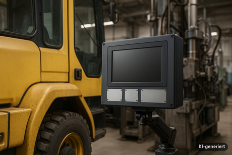 Lüfterloser Industrie-PC auf Schwenkarm neben einem Nutzfahrzeug, angeschlossen ans Bordnetz (KI-generiertes Symbolbild)