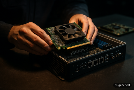 Zwei Hände setzen eine GPU-Karte mit Axiallüfter in einen geöffneten Industrie-PC ein (KI-generiertes Symbolbild)