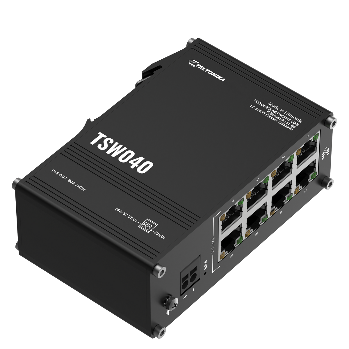 TSW040 Industrial 8-Port 100MBit Unmanaged PoE+ Ethernet Switch (8x RJ45 Ports), Hutschiene