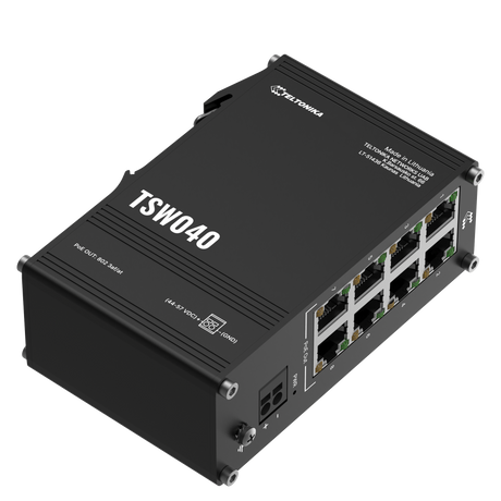 TSW040 Industrial 8-Port 100MBit Unmanaged PoE+ Ethernet Switch (8x RJ45 Ports), Hutschiene